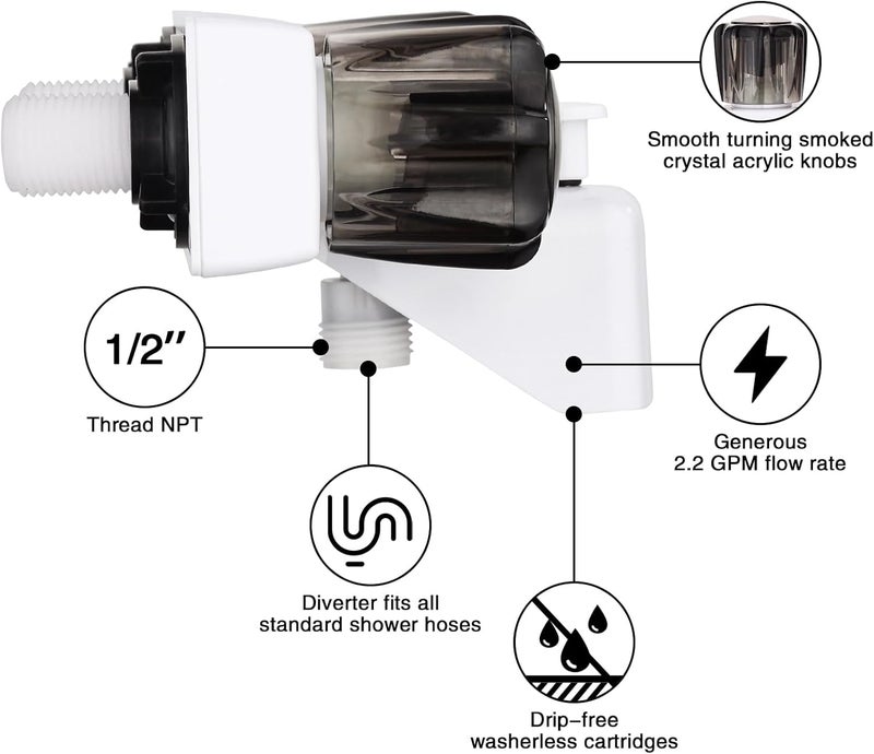 LavishStream RV Shower Faucet, 4" RV Camper Shower Faucet Valve Diverter Replacement with Dual Smoked Acrylic Knobs for Outside and Inside Bathroom (White+Smoke Gray) - Image 3